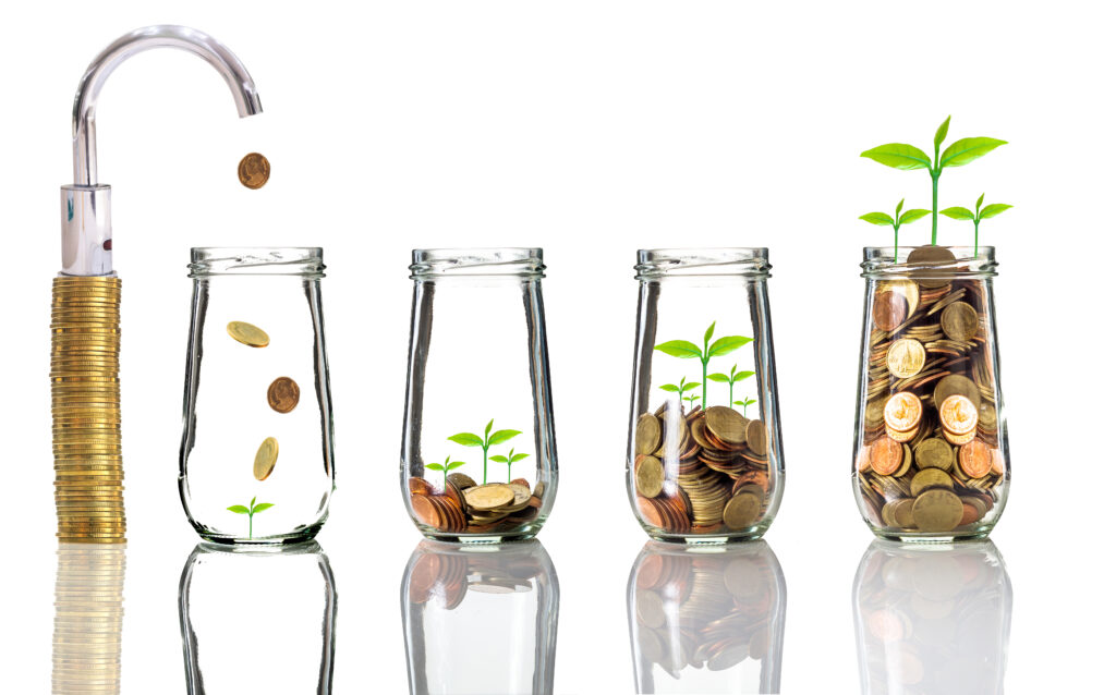 Faucet putting gold coins into clear bottle on white background, financial growth