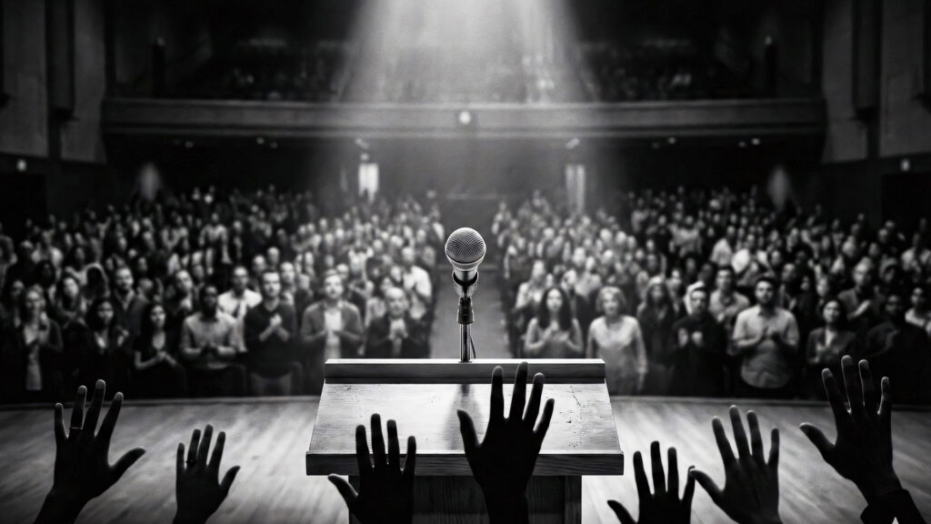 Black and white view from a stage featuring a microphone and silhouetted hands raised high for Human Rights Day.
