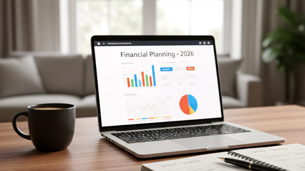 A laptop screen displaying a dashboard titled Financial Planning - 2026 with various colorful bar and pie charts.