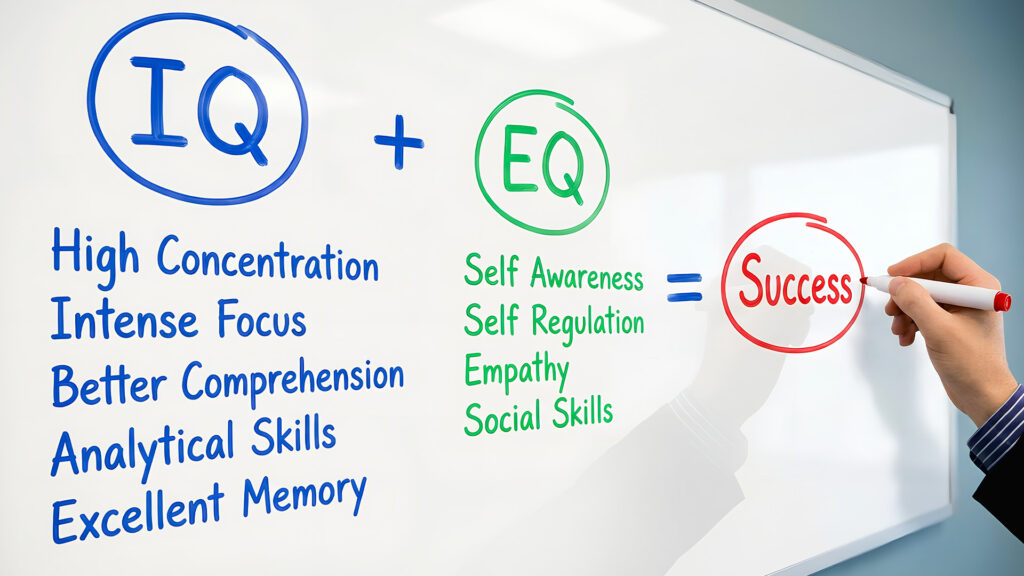 Whiteboard equation showing IQ plus EQ equals success, with emotional intelligence traits like empathy and self-awareness listed in green.