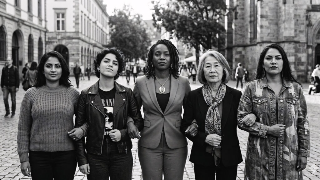 Five women of diverse ages and backgrounds standing arm in arm on a cobblestone street in a black and white photo.