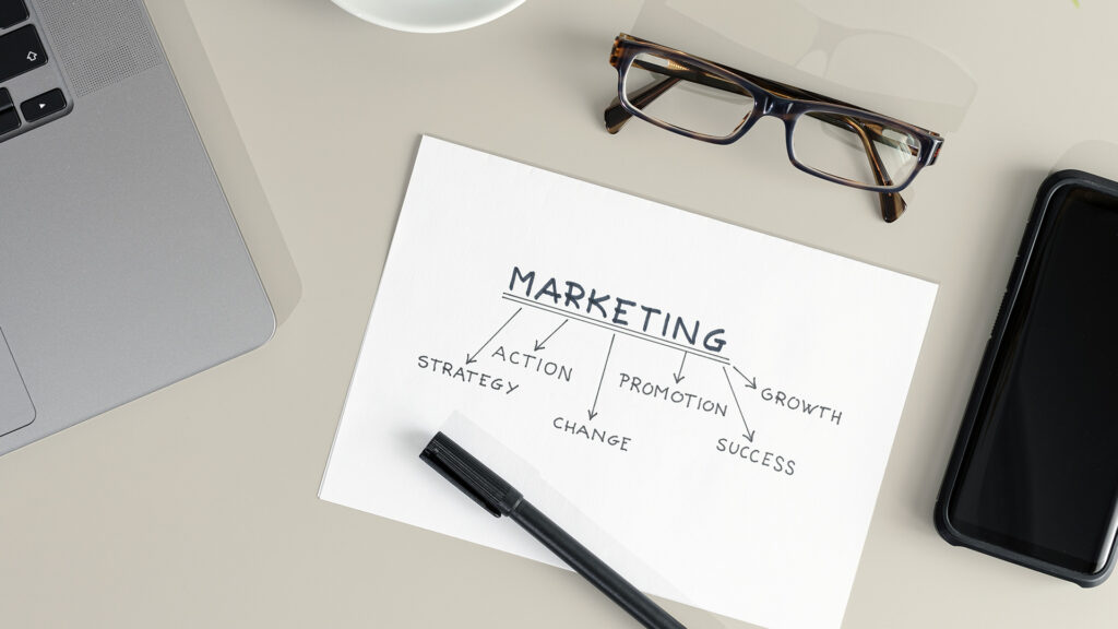 A hand-drawn marketing mind map on a desk next to a laptop, glasses, pen, and phone, linking marketing to strategy, action, growth, and innovation.