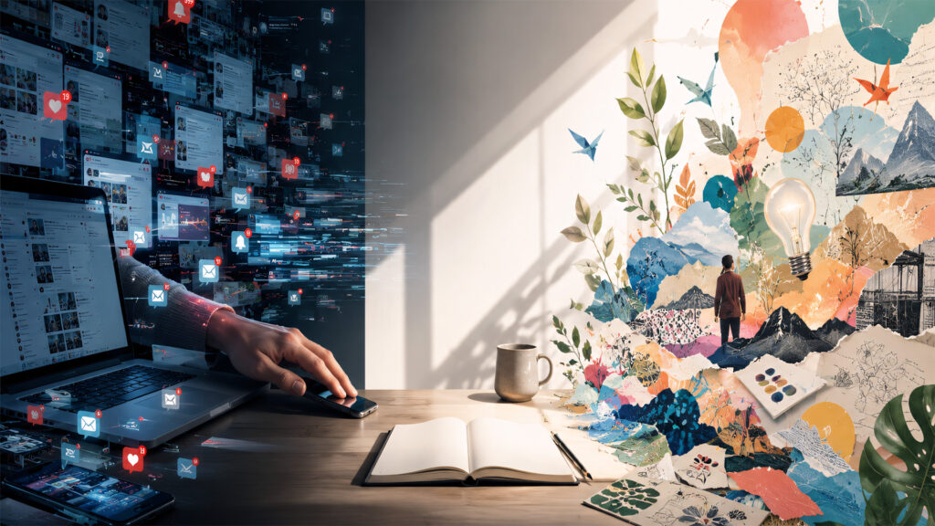 A desk split between a laptop covered in digital notifications and a colorful paper art scene showing how AI meets human creativity.