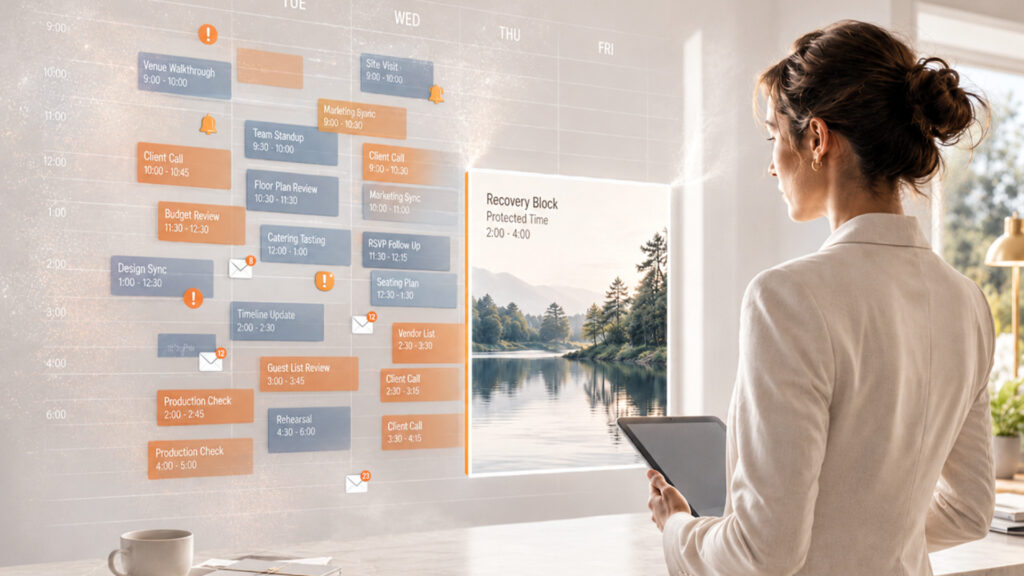 A woman looks at a digital calendar that includes a large recovery block to help prevent burnout.