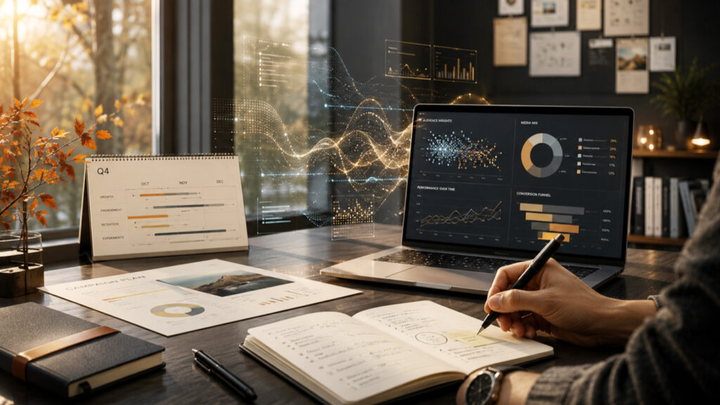A person writes in a notebook at a desk next to a laptop showing glowing marketing charts.