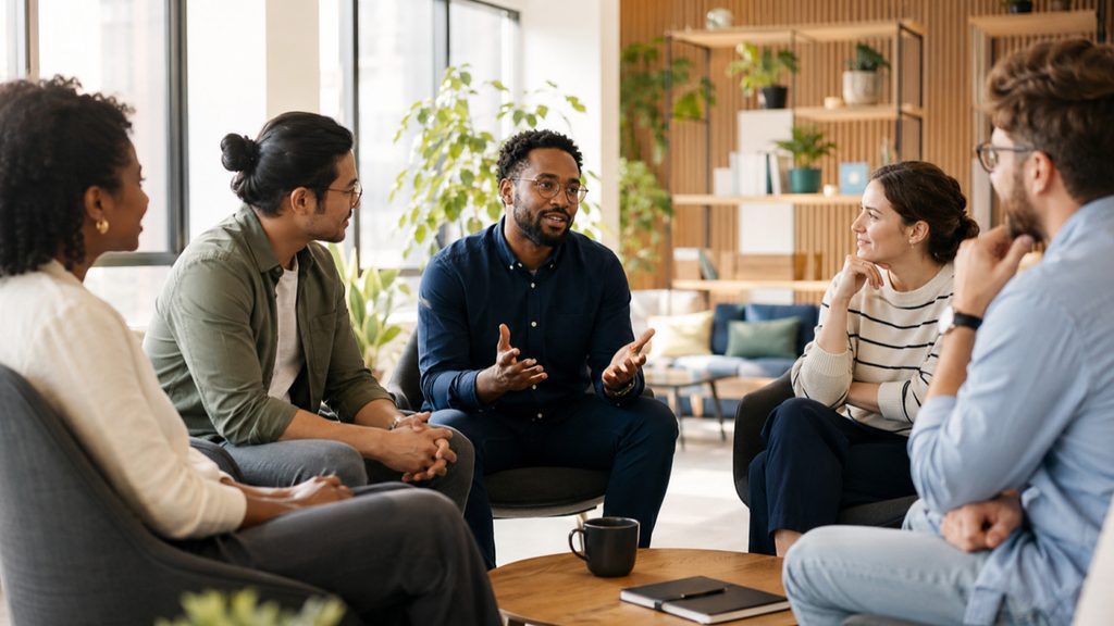 Five people sit in a circle in a bright workplace and listen to a man speak.